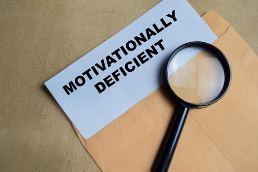 motivationally deficient text on document above brown envelope. photo