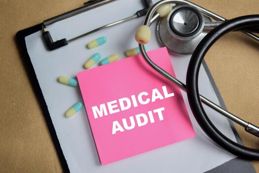 Concept of medical audit write on sticky notes isolated on Wooden Table. photo