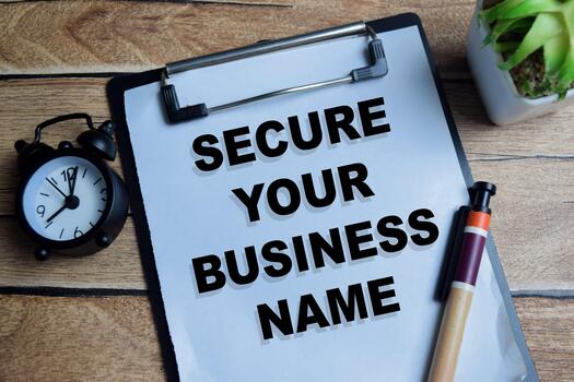 Concept of secure your business name write on clipboard isolated on Wooden Table. photo