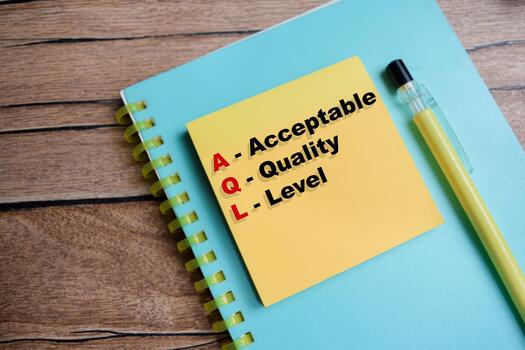 Concept of AQL - Acceptable Quality Level write on sticky notes isolated on Wooden Table. photo