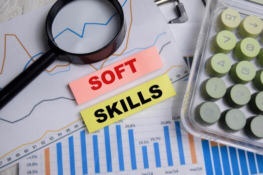 Concept of soft skills write on sticky notes with financial graphs isolated on Wooden Table. photo