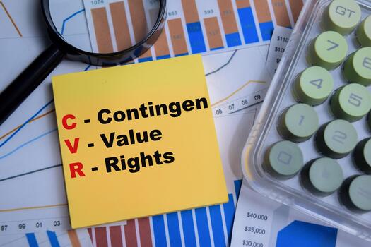 Concept of CVR - Contingen Value Rights write on sticky notes with financial graphs isolated on Wooden Table. photo