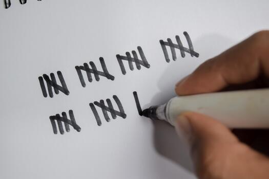 Concept of hand counting write on book isolated on Wooden Table. photo