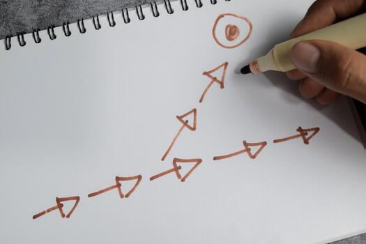 Concept of arrow shifting direction toward a new target, strategic pivot and adaptation write on book isolated on Wooden Table. photo