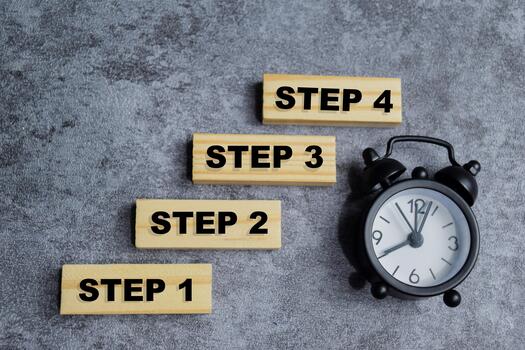 step 1 to step 4 in a row stacked wooden cubes on the table. step-by-step planning concept photo