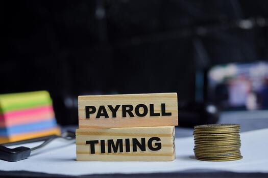 payroll timing text on stacked wooden cubes with coin on the table. photo
