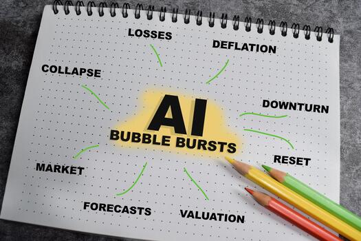 Concept of mind map AI bubble bursts write on book isolated on Wooden Table. photo
