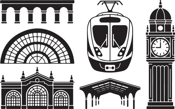 Set of architectural linear icons such as buildings and train isolated on white vector