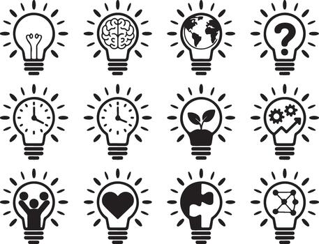 Set of light bulbs with different symbols inside idea concept exactly 90 letters vector