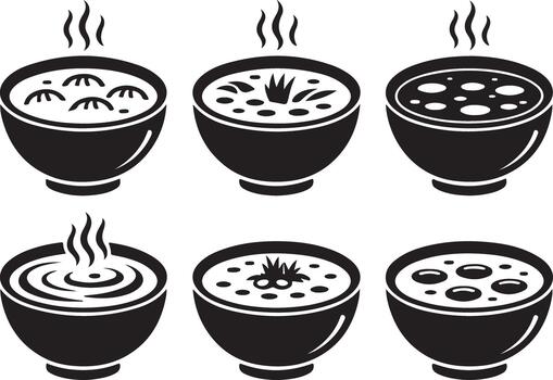 Set of six bowls of soup, with steam, filled with liquid, and various toppings vector