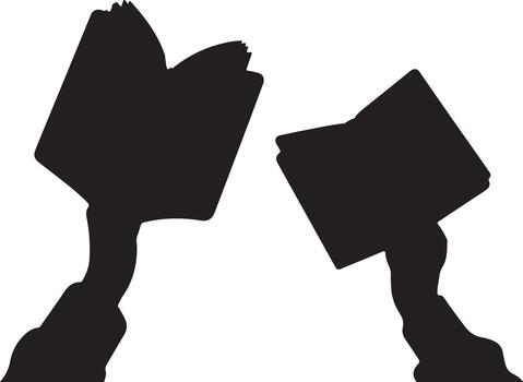 Silhouette of hands holding two open books on transparent background vector