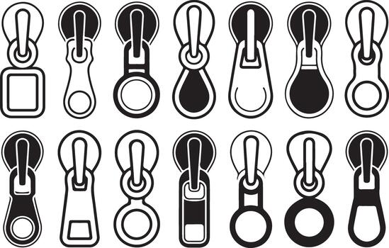 Variety of zipper pullers collection different forms and styles in monochrome concept vector