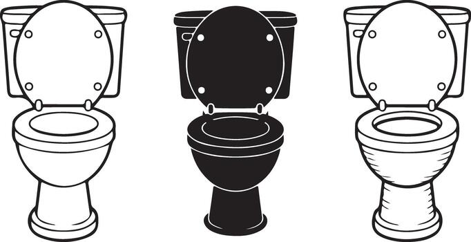 Collection of three various toilets open for flushing in outline drawing style vector