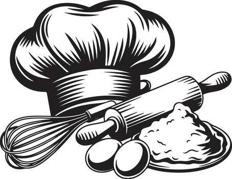 Culinary set with chef hat whisk and rolling pin for bakery in style vector