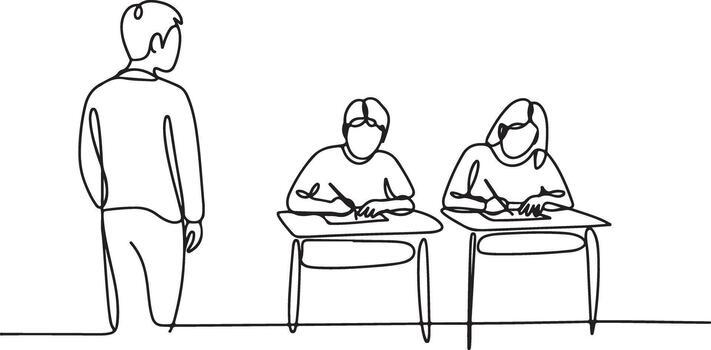 Teacher and two students in class one line drawing continuous line drawing minimal vector