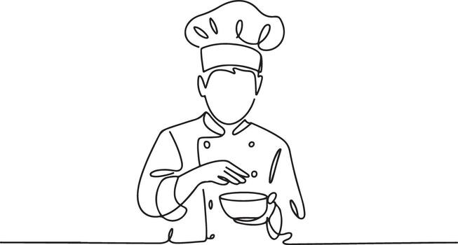 One Continuous Line Drawing of Chef Cooking Wearing Uniform and Chef Hat with Bowl vector