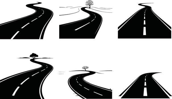 Four different views of a road with trees and trees vector