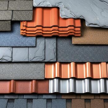 Various roofing materials layered in a compact arrangement, displaying textures and colors including grey, orange, and silver. Materials include shingles and tiles with distinct patterns photo