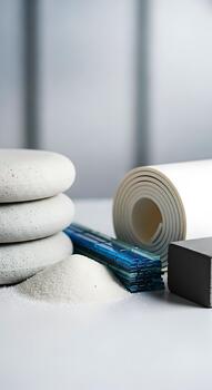 Rounded white stones stacked beside a rolled yoga mat, a pile of white granules, blue packets, and a gray rectangular block. Minimalist and calming composition with soft lighting photo
