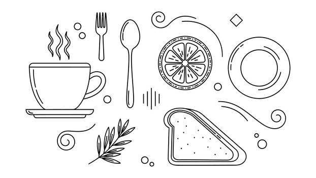 Whimsical hand drawn sketch of a breakfast setting with coffee and pastry vector