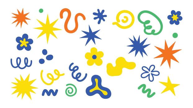 Vibrant abstract shapes and playful doodle elements in a whimsical pattern vector