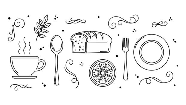 Hand drawn sketch of a breakfast setting with bread coffee and utensils vector
