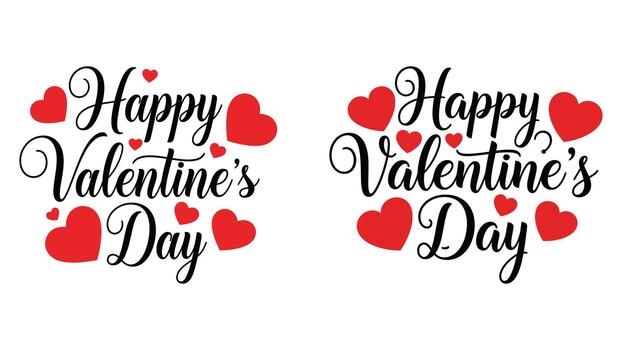 dos idéntico San Valentín día saludos con rojo corazones y elegante guión fuente vector