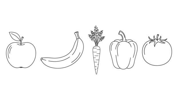 Simple line drawing of assorted fruits and vegetables on a white background vector