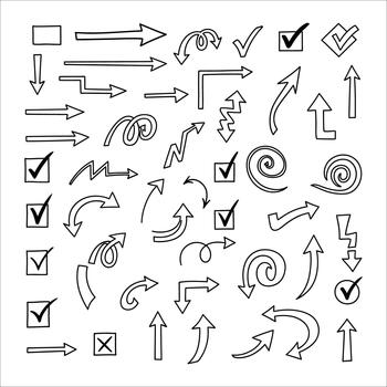 Collection of hand drawn arrows and checkmarks in various styles and directions vector