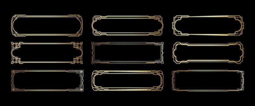 Luxurious gold art deco border collection featuring elegant geometric line frames in horizontal layout suitable for premium branding projects packaging design poster templates invitations labels vector