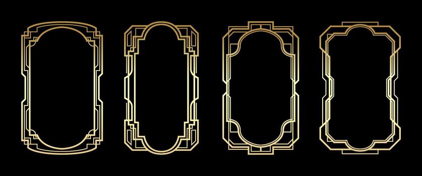 Elegant golden art deco frame collection featuring luxurious geometric line borders in vertical layout perfect for premium branding projects invitations packaging design poster templates labels vector