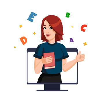 joven mujer con libro muestra pulgares arriba en computadora monitor rodeado con letras. en línea educación, conocimiento, estudiante concepto sitio web, web página diseño. espalda también colegio concepto vector