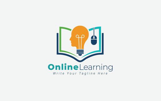 Creative Online Learning Logo Illustration, Lightbulb Head and Computer Mouse on Open Book Design vector