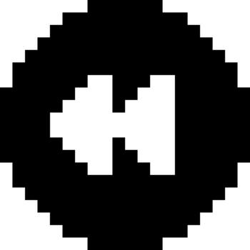 Pixelated rewind icon in black and white, representing a previous track or media navigation button for retro digital interfaces and game design vector