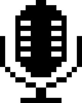 Pixel art microphone icon in a retro 8-bit game style. Black and white graphic for podcast, broadcast, or music design element vector