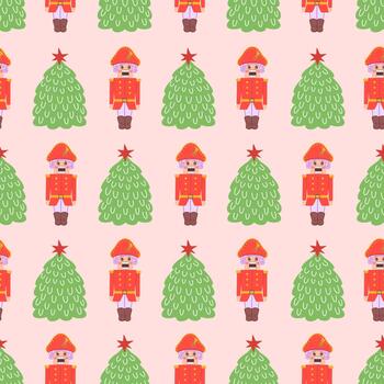 Nutcracker Christmas tree seamless pattern. Illustration for printing, backgrounds, covers and packaging. Image can be used for greeting cards, posters and textile. Isolated on pink background. vector
