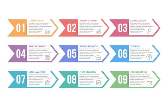 Nine arrows with numbers with place for your text, can be used as steps, options, process design, workflow vector
