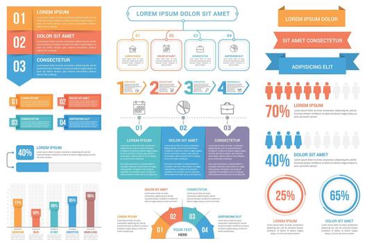 Infographic elements - steps and options, bar graph, flowchart, percents, people infographics vector