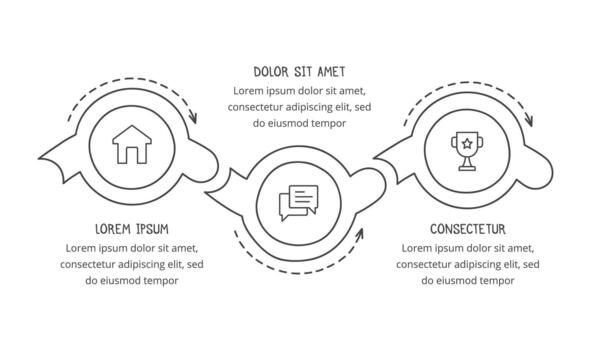 Hand drawn process diagram template - three connected circles with arrows with place for your icons and text, doodle infographics vector