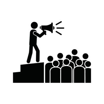 Silhouette of a person standing on a platform speaking into a microphone for a presentation or speech vector