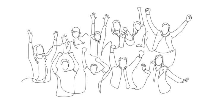 Cheerful crowd cheering illustration in one continuous line art style. Minimalist crowded people cheering linear isolated on white background. illustration vector