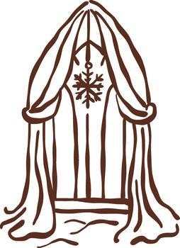 Cozy winter curtain arch framing a magical doorway with soft draping fabric and a delicate snowflake charm for whimsical castlecore vibes vector