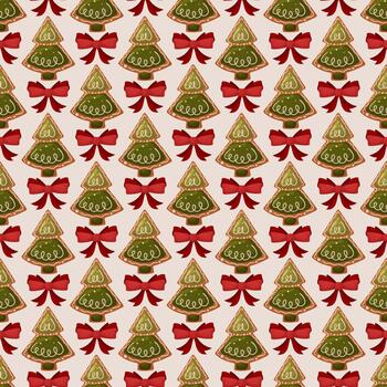 Christmas Tree Cookie Pattern with Red Bows. Festive Seamless Design vector