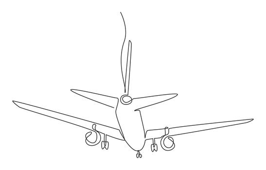 Continuous one line drawing of airplane preparing for landing on runway, single line art. vector