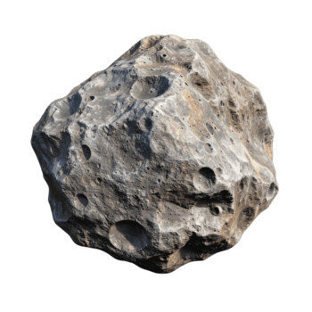 Isolated asteroid, riddled with craters and pockmarks, appears rough and irregular. Grays and browns hint at a rocky, potentially metallic composition png