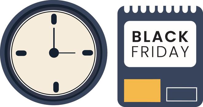 plano diseño reloj y negro viernes calendario íconos con énfasis en hora y ventas vector
