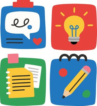 creativo elementos para planificación y ideación íconos representando comunicación, ideas, notas, y Planificación con escritura herramientas vector