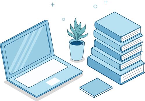 isométrica ver de un ordenador portátil y un apilar de libros, representando aprendizaje y trabajo en un moderno preparar vector