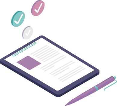 Digital document review and approval on a tablet, illustrating efficient online form completion, paperless workflow, task management, and successful agreement processing vector