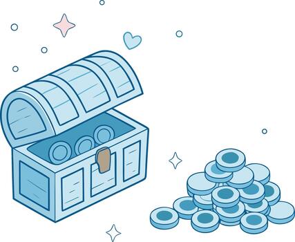 An open treasure chest overflowing with shiny coins, symbolizing wealth and discovery, set against a backdrop of sparkles and a gentle heart vector